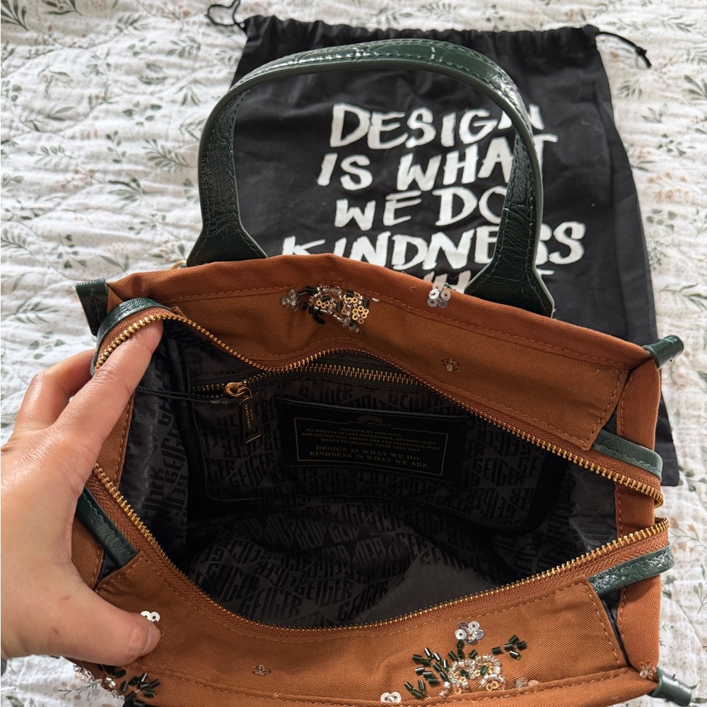 Kurt Geiger Embroidered Sequin Green Brown Tote Shoulder Crossbody Bag NWT - Picture 11 of 16